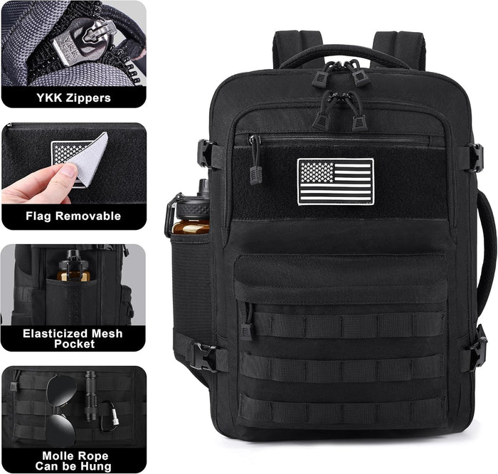 MOZETO TSA Approved Carry On Backpack, Extra Large Tactical Travel Backpack for Men, Airplane Approved Weekender Bag, Water Resistant Lightweight Laptop Daypack for Flight, Black