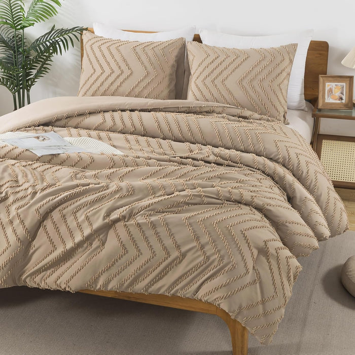 Andency Comforter Full Size Set, Beige Boho Cream Soft Warm Tufted Neutral Bedding Comforter Sets for Full Size Bed, 3 Pieces Aesthetic Chevron Farmhouse Cute Bohemian Textured Bedding Set