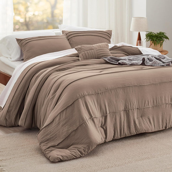 Bedsure Queen Comforter Set - 4 Pieces Pinch Pleat Bed Set, Beige Boho Bedding for All Season, 1 Soft Comforter, 2 Pillowcases, 1 Decorative Pillow