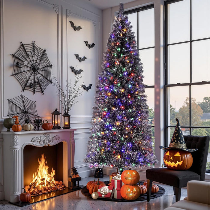 GarveeHome 6Ft Prelit Black Christmas Tree with Lights Halloween Tree Slim Artificial Halloween Christmas Tree Artificial Pencil Tree Automatic Branches for Home, Office, Party Decoration