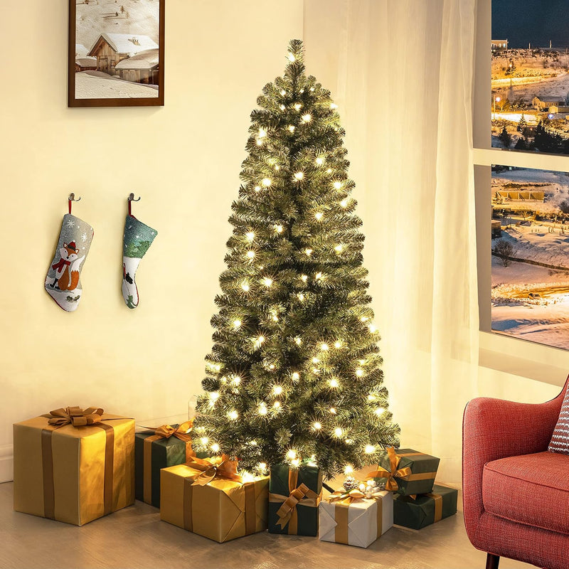 Vienna 7.5ft Prelit Slim Artificial Christmas Tree with 1102 Branch Tips, 350 Warm Lights and Metal Stand, 34" Wide Realistic Skinny Pencil Christmas Tree with Lights by Naomi Home