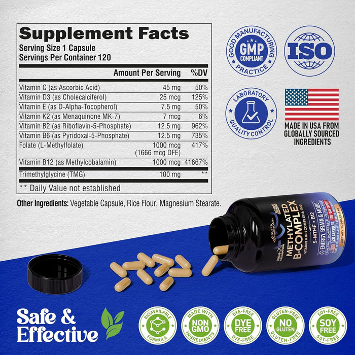 Vitamin B Complex Methylated - B-Complex with Methylfolate & B12 - Bioavailable for Men & Women - 9-in-1 Methylated Multivitamin - Energy, Brain & Mood - Vegan - Made in USA - 120 Capsules, One/Day