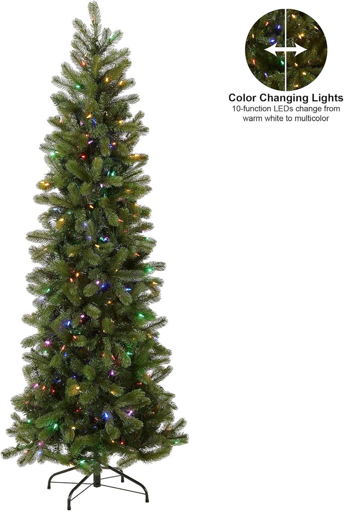 National Tree Company Pre-Lit 'Feel Real' Artificial Slim Downswept Christmas Tree, Green, Douglas Fir, Dual Color LED Lights, Includes PowerConnect and Stand, 6.5 feet