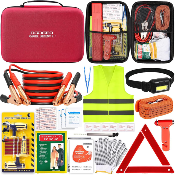 Car Emergency Kit with Battery Jumper Cables,Car Accessories for Men or Women,Emergency Car Kit,Roadside Automotive Safety Kit for Car,Vehicle,Truck or SUV,Gifts for Men or Him,Black