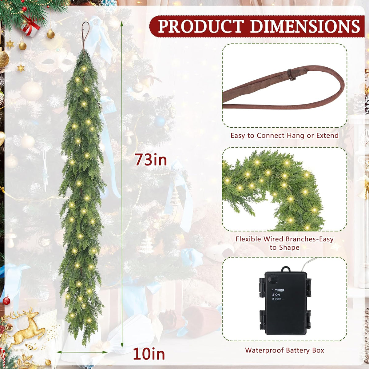 6FT Christmas Cedar Garland with Light, Lighted Real Touch Cedar Garland, Artificial Greenery Garlands for Table Fireplace Wall Stairs Door Xmas Decor