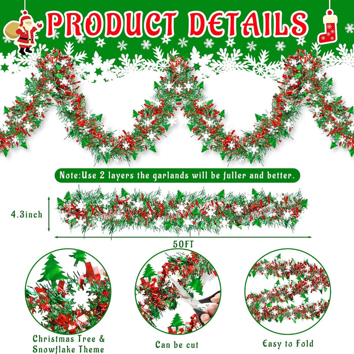 50 FT Christmas Decorations Tinsel Garland with Snowflake Christmas Tree, Red Green Silver Shiny Metallic Twist Christmas Garland for Home Tree Mantle Stairs Indoor Outdoor Holiday Xmas Party Decor
