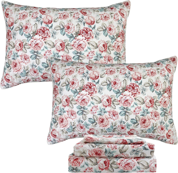 FADFAY Shabby Floral Bedding Elegant Peony Sheets Set Luxury Bedding Collections 100% Egyptian Cotton Deep Pocket, 4 Piece-King Size