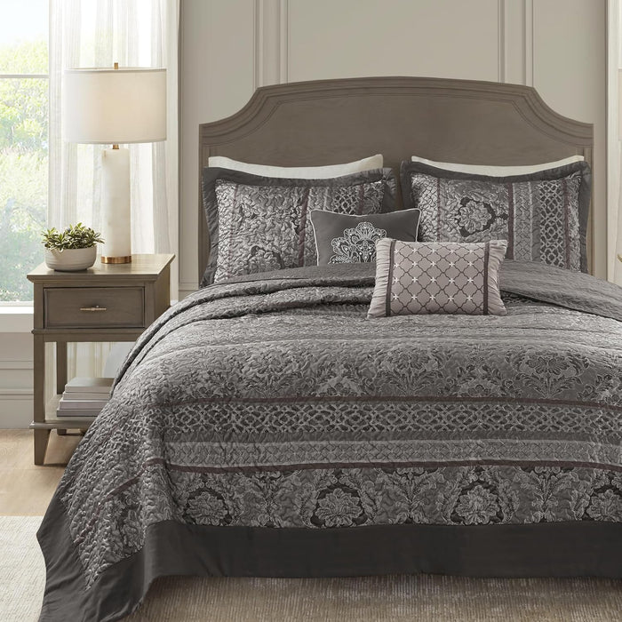 Madison Park Traditional Damask Design All Season, Lightweight Coverlet Bedspread Bedding Set, Matching Shams, Pillows, (102"x118"), Bellagio, Jacquard Grey, 5 Piece