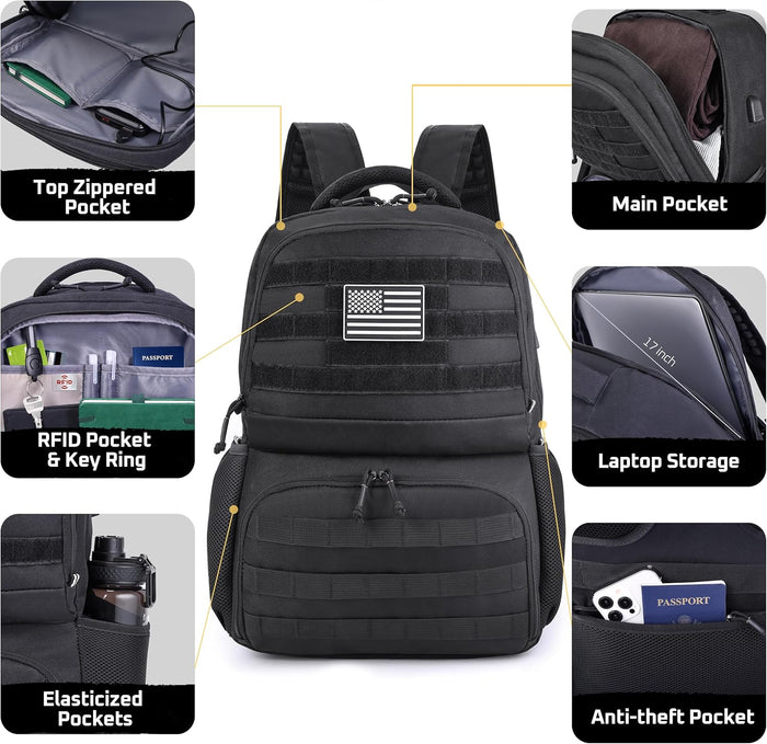 MOZETO Laptop Lunch Backpack for Men, Tactical Inspired Utility Anti-Theft Work Bag with Cooler Compartment Lunchbox (Black, 17 Inch)