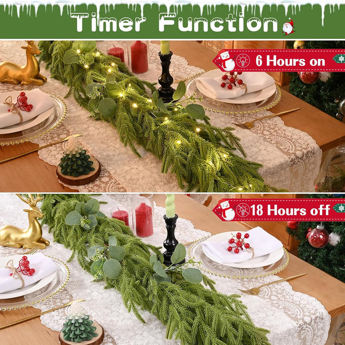 Waipfaru Christmas Norfolk Pine Garland with Lights，6FT Real Touch Pine Garland Christmas Decoration，Artificial Faux Cedar Garland for Christmas Table Fireplace Mentle Wall Home Decoration