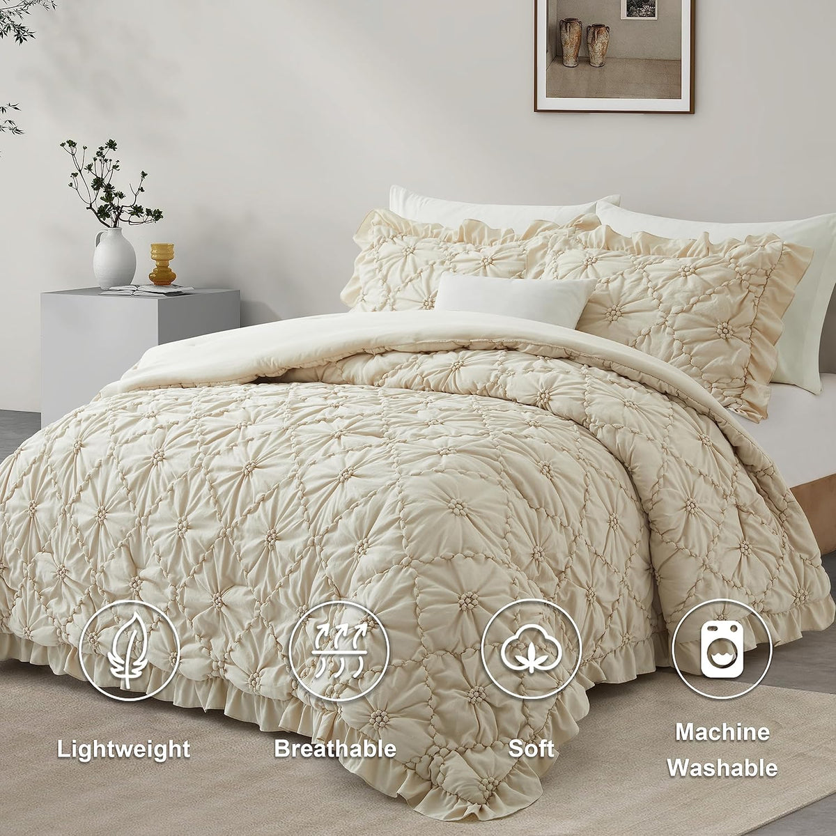BEDAZZLED Queen Size Comforter Sets, Beige Bedding Comforter Set, 3 Pieces Pinch Pleat Bedding Sets with Comforter and Pillowcases Soft Farmhouse Shabby Chic Comforter for All Season