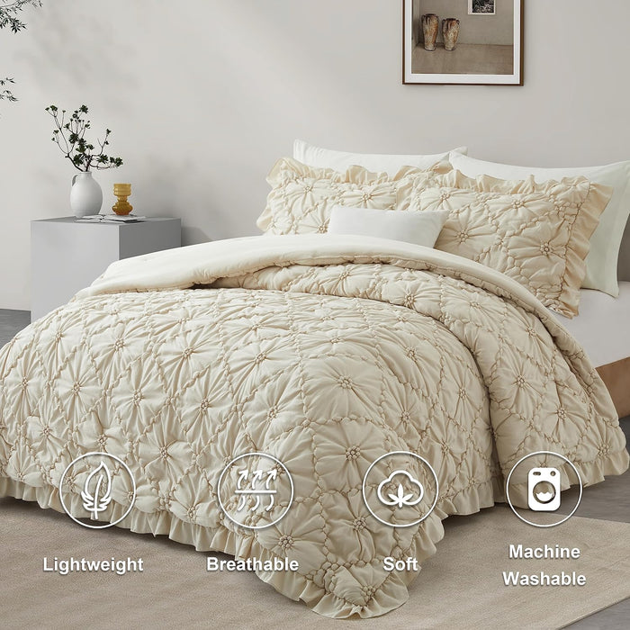 BEDAZZLED Queen Size Comforter Sets, Beige Bedding Comforter Set, 3 Pieces Pinch Pleat Bedding Sets with Comforter and Pillowcases Soft Farmhouse Shabby Chic Comforter for All Season