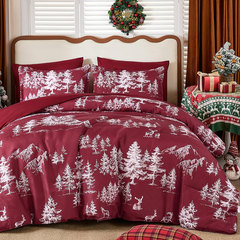 Christmas Queen Comforter Set 7 Pieces, Red Christmas Deer Pattern Bed in a Bag, Soft Reversible Bedding Set Xmas Holiday Decor 90"x90"