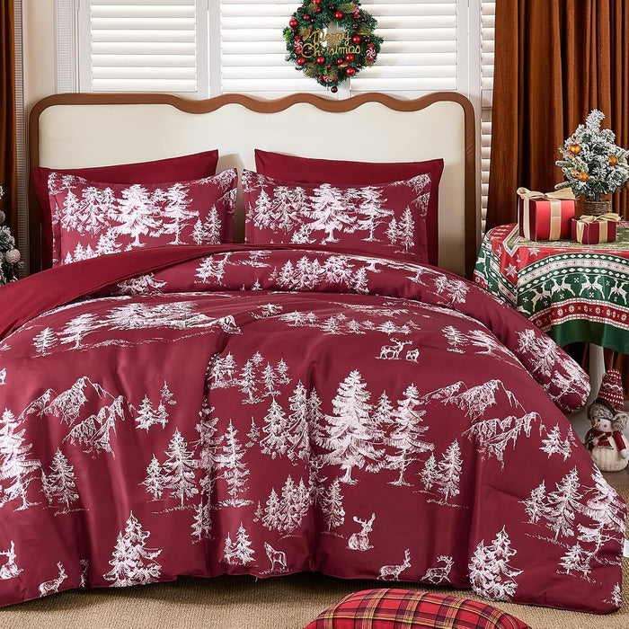 Christmas Queen Comforter Set 7 Pieces, Red Christmas Deer Pattern Bed in a Bag, Soft Reversible Bedding Set Xmas Holiday Decor 90"x90"