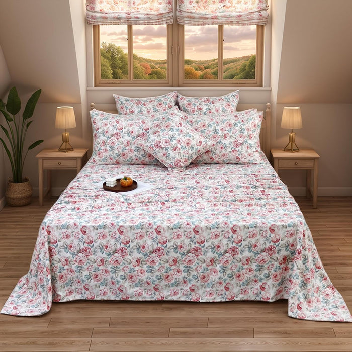 FADFAY Shabby Floral Bedding Elegant Peony Sheets Set Luxury Bedding Collections 100% Egyptian Cotton Deep Pocket, 4 Piece-King Size