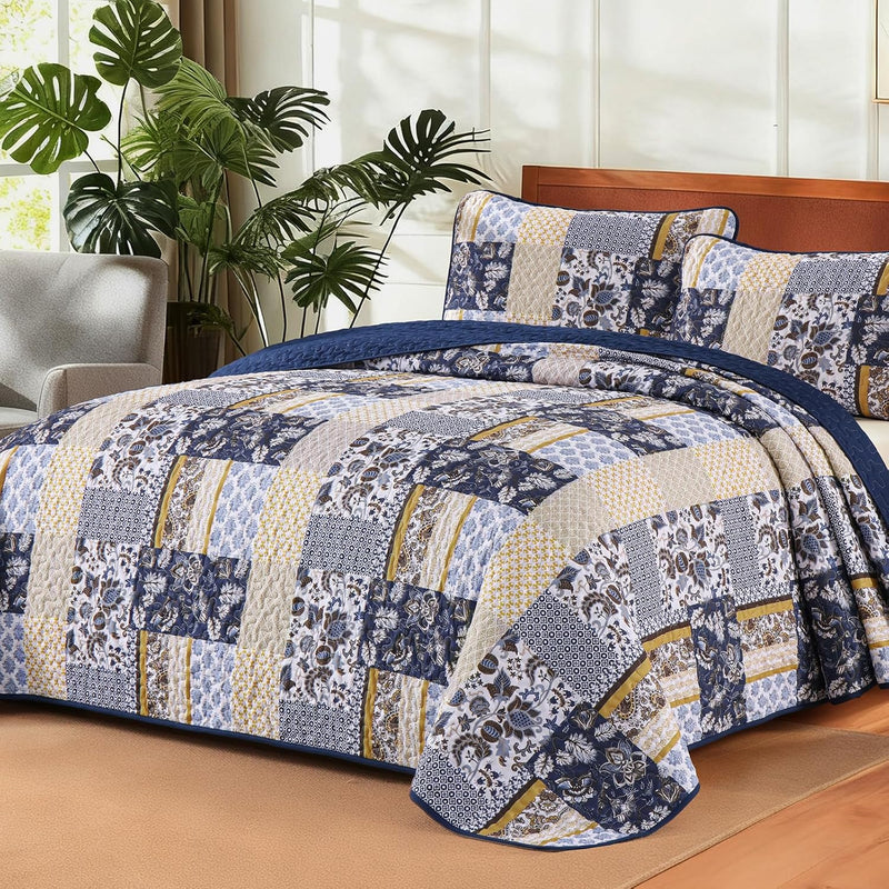 WONGS BEDDING Green Quilt Set King Size，Green Patchwork Plaid Printed Bedspread Coverlet Set，3 Pieces Summer Soft Microfiber Boho Bedding Set with 1 Quilt 2 Pillowcases
