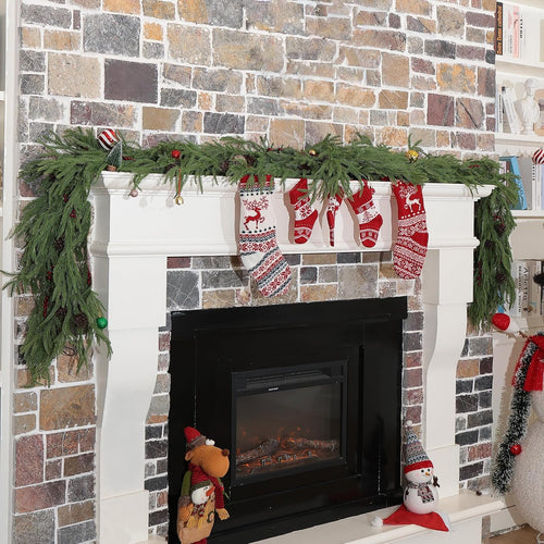 2 Pcs 6 Feet Christmas Garland - Norfolk Pine Garland - Christmas Decorations - for Table,Mantle,Fireplace,Wall,Indoor Outdoor - Garland for Christmas Decorations - Free Battery LED Lights