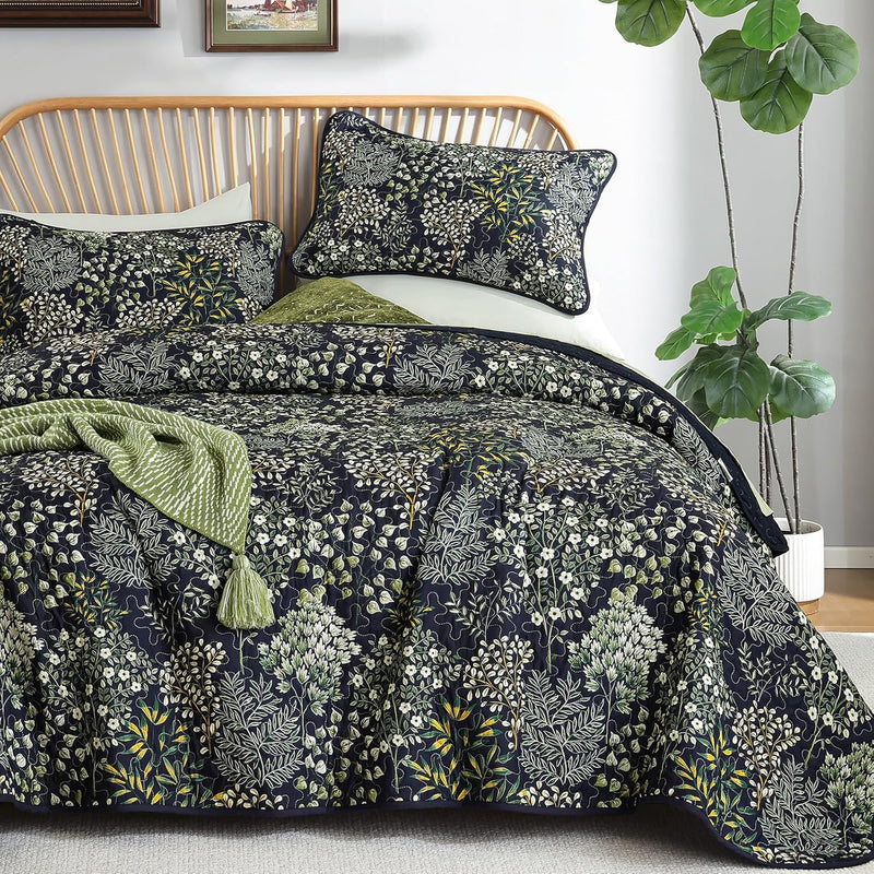 WONGS BEDDING Gray Quilt Set King Size, Botanical Print Bedspread Coverlet Set, Soft Lightweight Farmhouse Floral Quilt Bedding Set for All Season (104"x90")