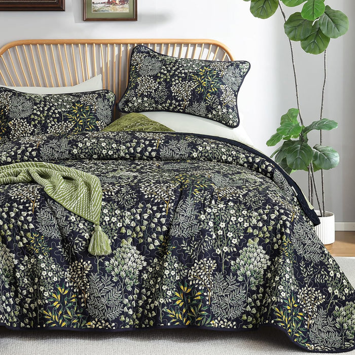 WONGS BEDDING Gray Quilt Set King Size, Botanical Print Bedspread Coverlet Set, Soft Lightweight Farmhouse Floral Quilt Bedding Set for All Season (104"x90")