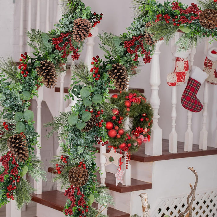Winlyn 6' Long Artificial Eucalyptus and Pine Christmas Garland with Pine Cones Red Berries Pine Needles Winter Greenery Garland Christmas Season Holiday Wedding Table Runner Centerpiece Mantel Decor