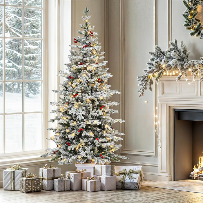 YITAHOME Prelit Snow Flocked Artificial Full Christmas Tree 6ft with Remote Control, Christmas Pine Tree with 11 Light-Modes, 1000 Branch Tips, and Foldable Base for Home, Party Decoration