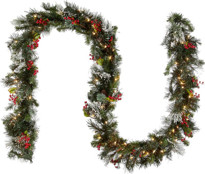 National Tree Company Pre-Lit Artificial Christmas Garland, Green, Wintry Pine, White Lights, Decorated with Pine Cones, Berry Clusters, Plug In, Christmas Collection, 9 Feet