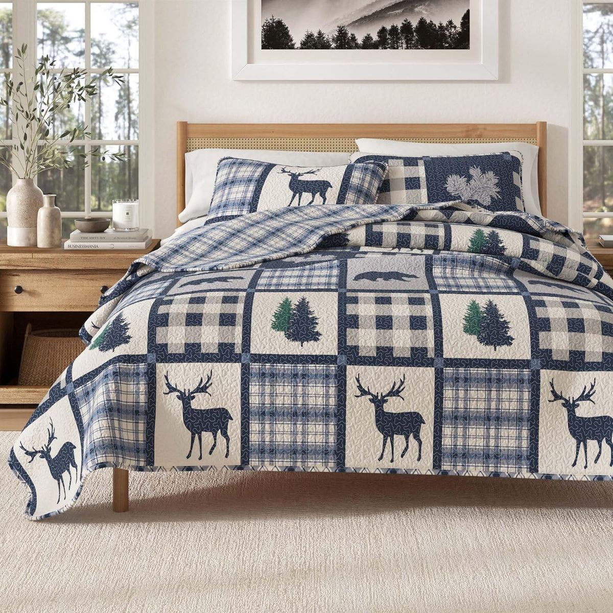 Great Bay Home Twin/Twin XL Reversible Rustic Lodge Olive Bedspread Quilt with Sham - All Season Cabin Coverlet Bedding Set (Includes 1 Quilt, 1 Pillow Sham)
