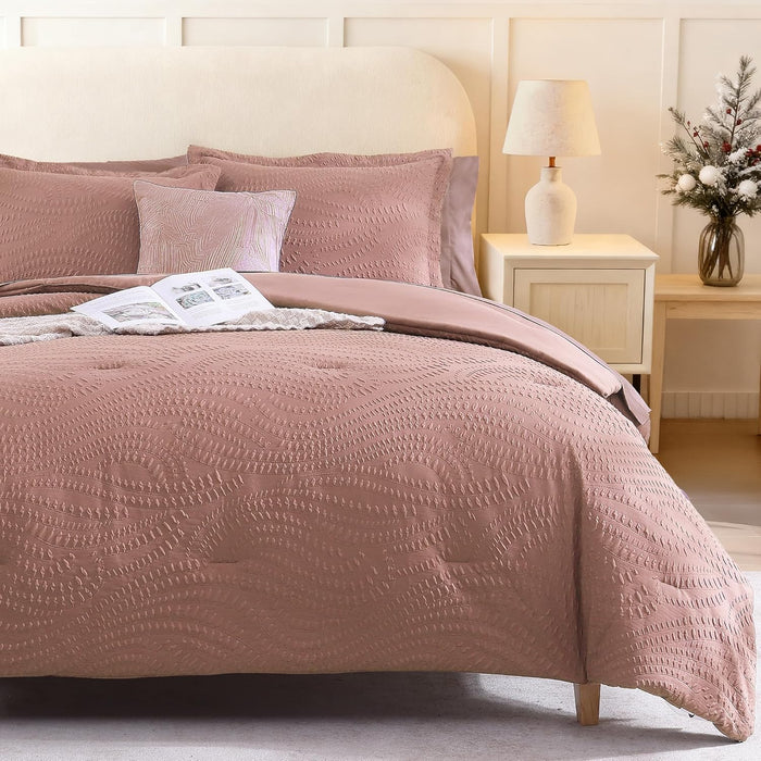 Geniospin Queen Comforter Set - 7 Pieces Purple Bedding Set, Botanical Textured Fall Comforter Set, All Season Comfortable Bed in a Bag with Comforter, Sheets, Pillowcases & Shams