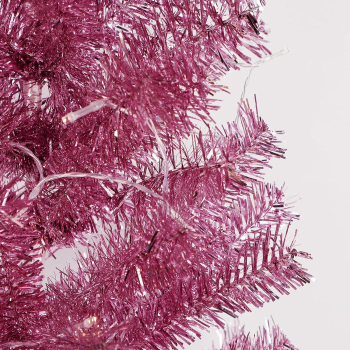Juegoal 4 FT Pre-lit Artificial Christmas Tree, Lighted Tinsel Pencil Pine Spruce Trees with 70 Warm White LED Lights, 8 Lighting Mode & Timer for Xmas Holiday Party Decor (Pink)