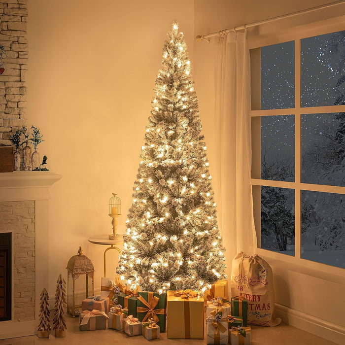 Naomi Home Salzburg 9ft Frosted Prelit Slim Artificial Christmas Tree with 1455 Branch Tips, 500 Warm Lights and Metal Stand, 37" Wide Realistic Snow Flocked Skinny Pencil Christmas Tree