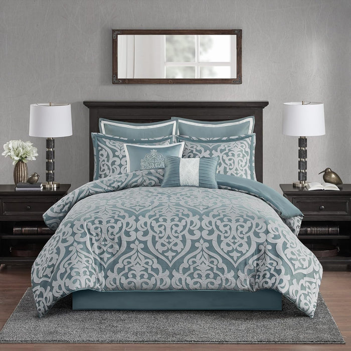 Madison Park Odette Cozy Comforter Set Jacquard Damask Medallion Design - Modern All Season, Down Alternative Bedding, Shams, Decorative Pillow, King(104 in x 92 in), Tan 8 Piece