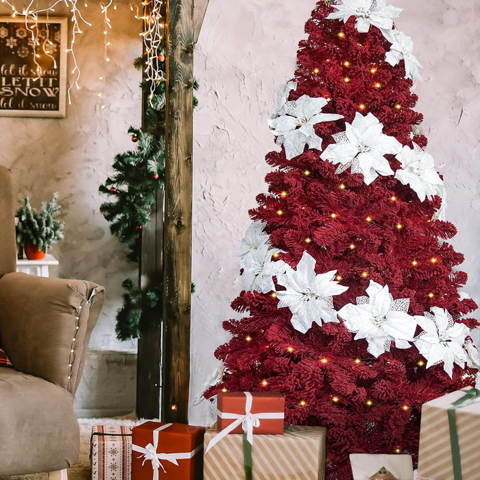 KI Store Flocked Red Christmas Tree 6ft Artificial Xmas Tree with Flocking Red Snow Unlit for Voluntines Day Xmas Decor