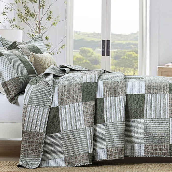 Finlonte Quilts Queen Size - 100% Cotton Queen Comforter Set Green Moonbeam White Plaid Farmhouse Quilt Bedding Set, Reversible Lightweight Soft Bedspread, Quilted Coverlet All-Season, 3-Piece