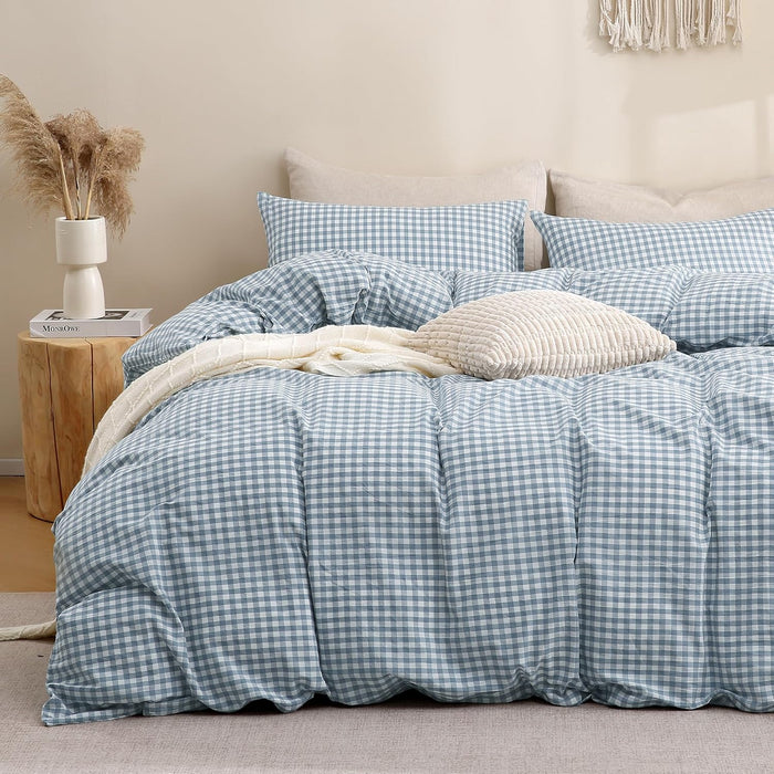 TOCOMOA Tan Gingham Duvet Cover Bedding Set 100% Washed Cotton Like Linen Feel Super Soft Comfy 3 Piece Brown Vintage Plaid Checkered Fall Comforter Cover Set (Queen 90"x90", Comforter Not Included)