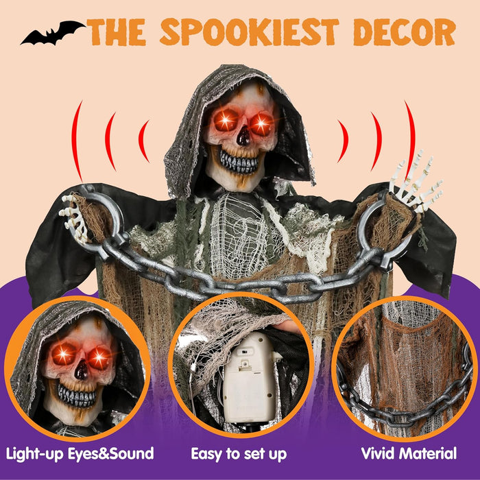JOYIN 67" Halloween Decorations Outdoor Life Size Animatronics Grim Reaper with Chain, Sound-Actived Party Decor with Creepy Sound, Scary Haunted House Props for Garden Yard Lawn