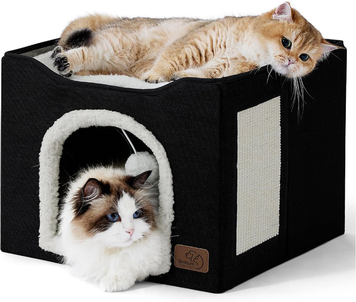 Bedsure Cat Beds for Indoor Cats - Large Cat Cave for Pet Cat House with Fluffy Ball Hanging and Scratch Pad, Foldable Cat Hideaway, 16.5x16.5x13 inches, Grey