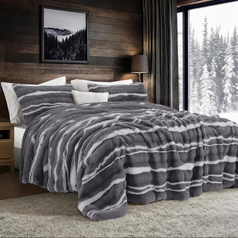 Wonderful 3 Pieces Fluffy Faux Rabbit Fur Bubble Comforter Set King Size, Tie-Dyeing Multiple Grey Plush Fuzzy Bedding Set, Warm Soft Bubble Comforter Bedding Set for Winter