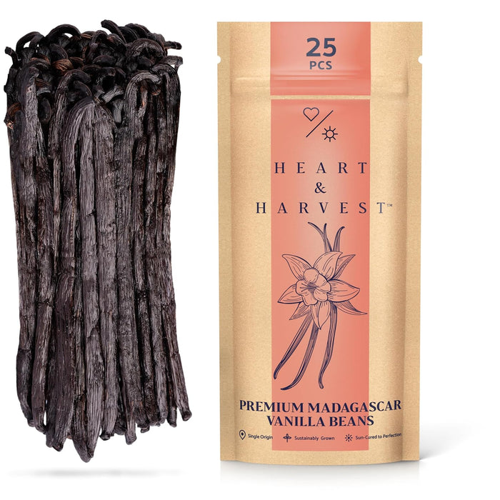 Heart & Harvest Madagascar Vanilla Pods Grade A, 5"-6" Length, Set of 10 Whole Vanilla Beans Perfect for Creating Pure Vanilla Powder & Extract (Pack of 10)