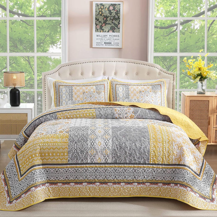 WONGS BEDDING Yellow Quilt Set Queen,Bohemian Patchwork Bedspread Coverlet Set, Reversible Boho Floral Pattern Bedspreads Bedding Quilt Set for All Seasons (96"x90")
