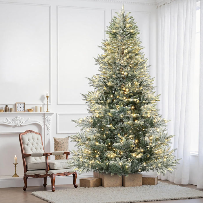 GarveeHome 9 FT Artificial Pre-lit Christmas Tree, Green PVC&PE Full Christmas Tree with 700 Warm White Lights for Home, Office, and Xmas Party Décor, Includes Stand