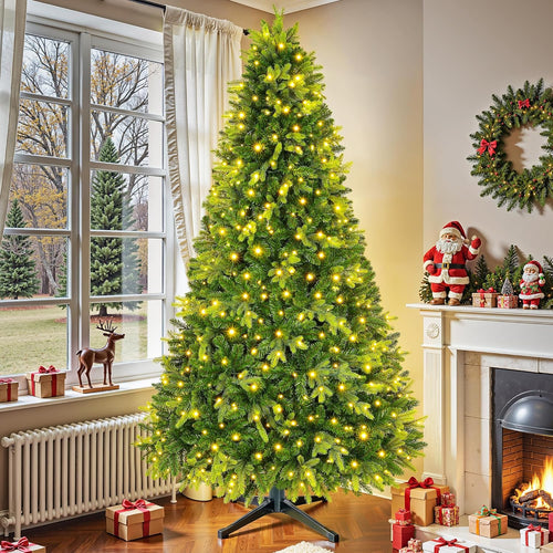 Artificial Full Christmas Tree, Rotating & Foldable Stand, 7.5ft Pre-Lit Spruce Holiday Xmas Musical Tree with Remote, RGB & Warm White Light, Green