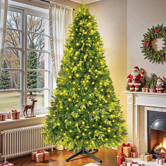 Artificial Full Christmas Tree, Rotating & Foldable Stand, 7.5ft Pre-Lit Spruce Holiday Xmas Musical Tree with Remote, RGB & Warm White Light, Green
