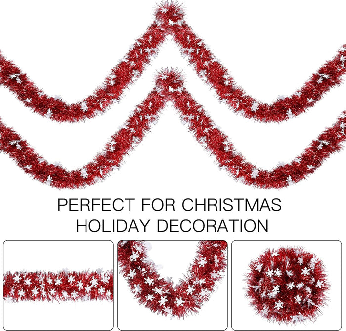 Sggvecsy 32.8Ft Christmas Snowflake Tinsel Garland Xmas Tree Decorations Red Christmas Metallic Twist Garland Ceiling Hanging Decorations for New Year Party Birthday Holiday Indoor Outdoor Supplies