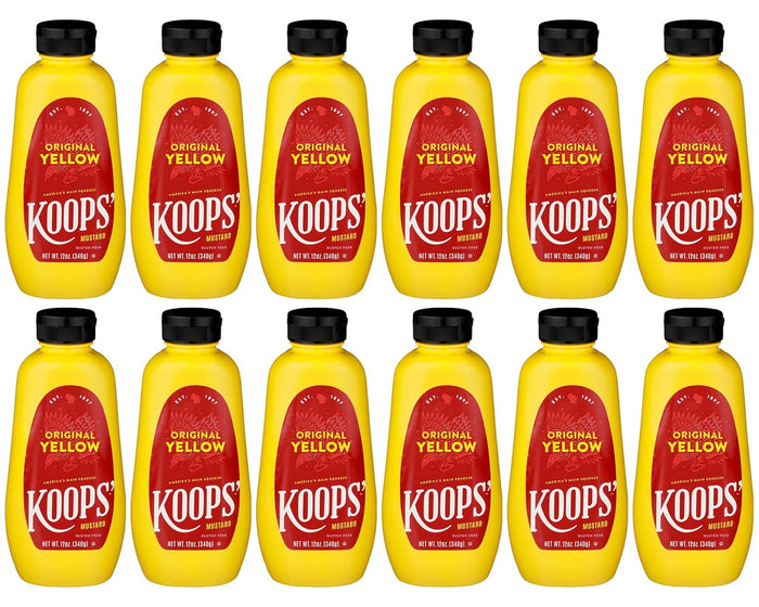 Koops' Original Yellow Mustard – Gourmet Mustard, Gluten-Free, Kosher, Made in USA, From Quality Mustard Seeds, Yellow Mustard Sauce – 12 Oz, Pack of 12