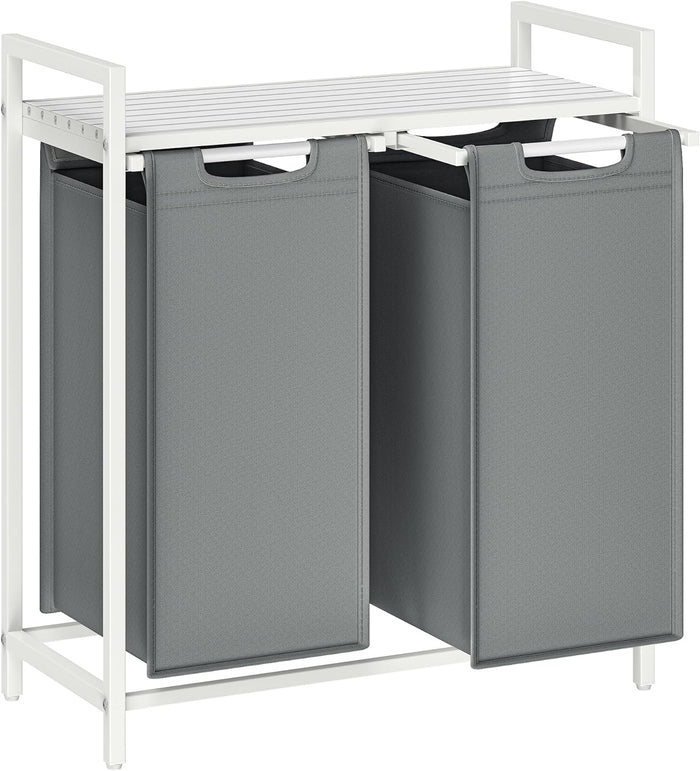 VASAGLE Laundry Hamper, Laundry Basket, Laundry Sorter with 3 Pull-Out and Removable Bags, Shelf, Metal Frame, 3 x 10.6 Gallons (40 L), 36.4 x 13 x 28.4 Inches, Ink Black and Rustic Brown UBLH301B01