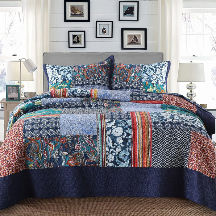 Yvooxny Quilt Set King Size Reversible Country Farmhouse Floral Real Patchwork Quilted Bedspread 3-Piece Quilt Set with Pillowcases with Ruffles for All Seasons, 96 x 108 Inches