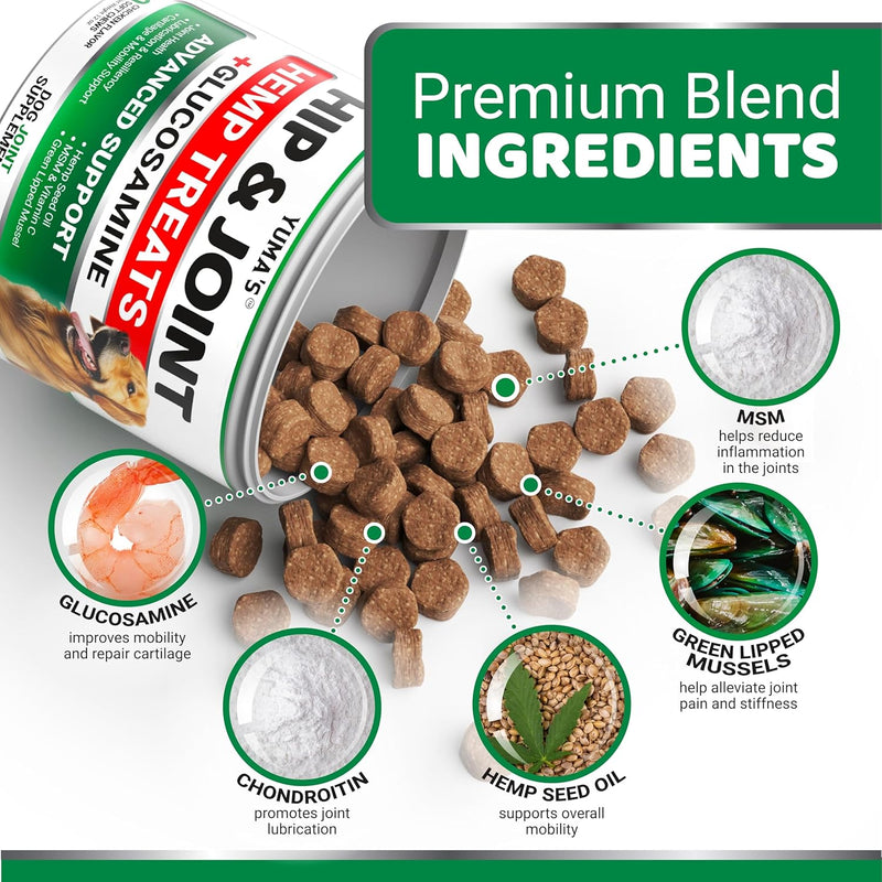 YUMA'S Hemp Hip and Joint Supplement for Dogs - Glucosamine for Dogs - 170 Joint Pain Relief Chews - Chondroitin, MSM - Hemp Oil - Advanced Canine Health Supplement - Mobility Support Treats