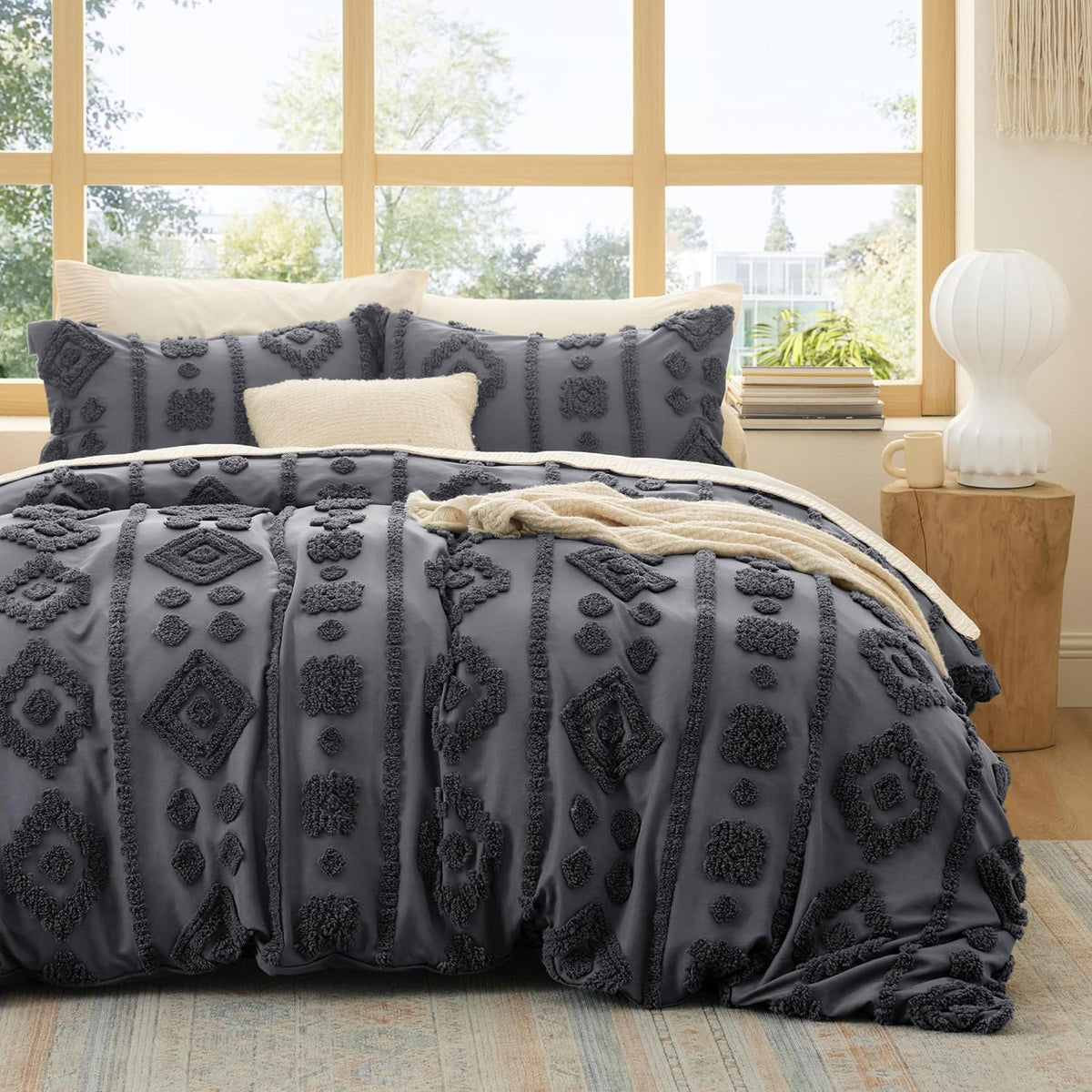 Bedsure Boho Duvet Cover King - Dark Green Tufted Boho Bedding, Farmhouse Shabby Chic Embroidery Bedding for All Seasons, 3 Pieces, 1 Soft Jacquard King Comforter Cover and 2 Pillow Shams
