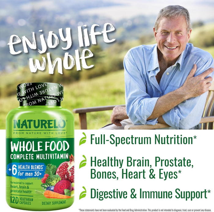 NATURELO Whole Food Multivitamin for Men 50+ - with Vitamins, Minerals, Organic Herbal Extracts - Vegan Vegetarian - for Energy, Brain, Heart and Eye Health - 120 Capsules