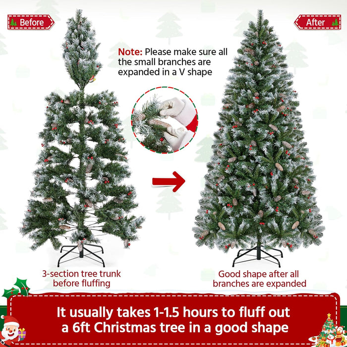Yaheetech 6ft Pre-lit Frosted Artificial Hinged Christmas Tree with 818 Flocked PVC Tips,62 Pine Cones,62 Holly Berries & 250 Warm White Lights,Foldable Stand,Green